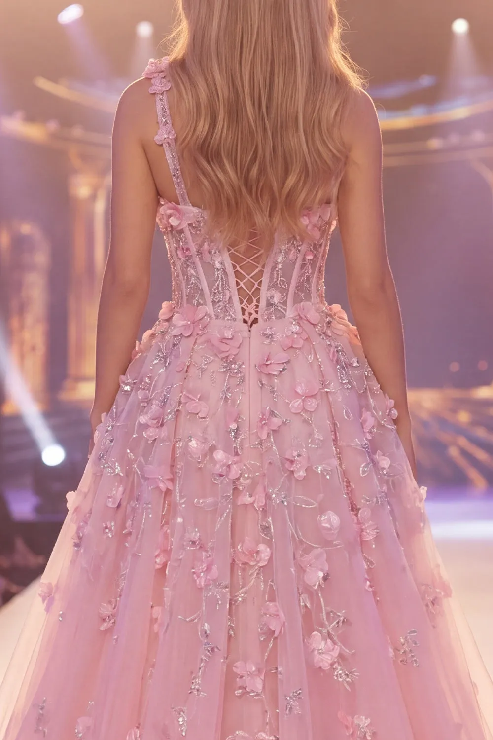 Pink Mermaid One Shoulder Sheer Corset Slit Floral Long Pageant Dress sold by Zapaka product image thumbnail 4