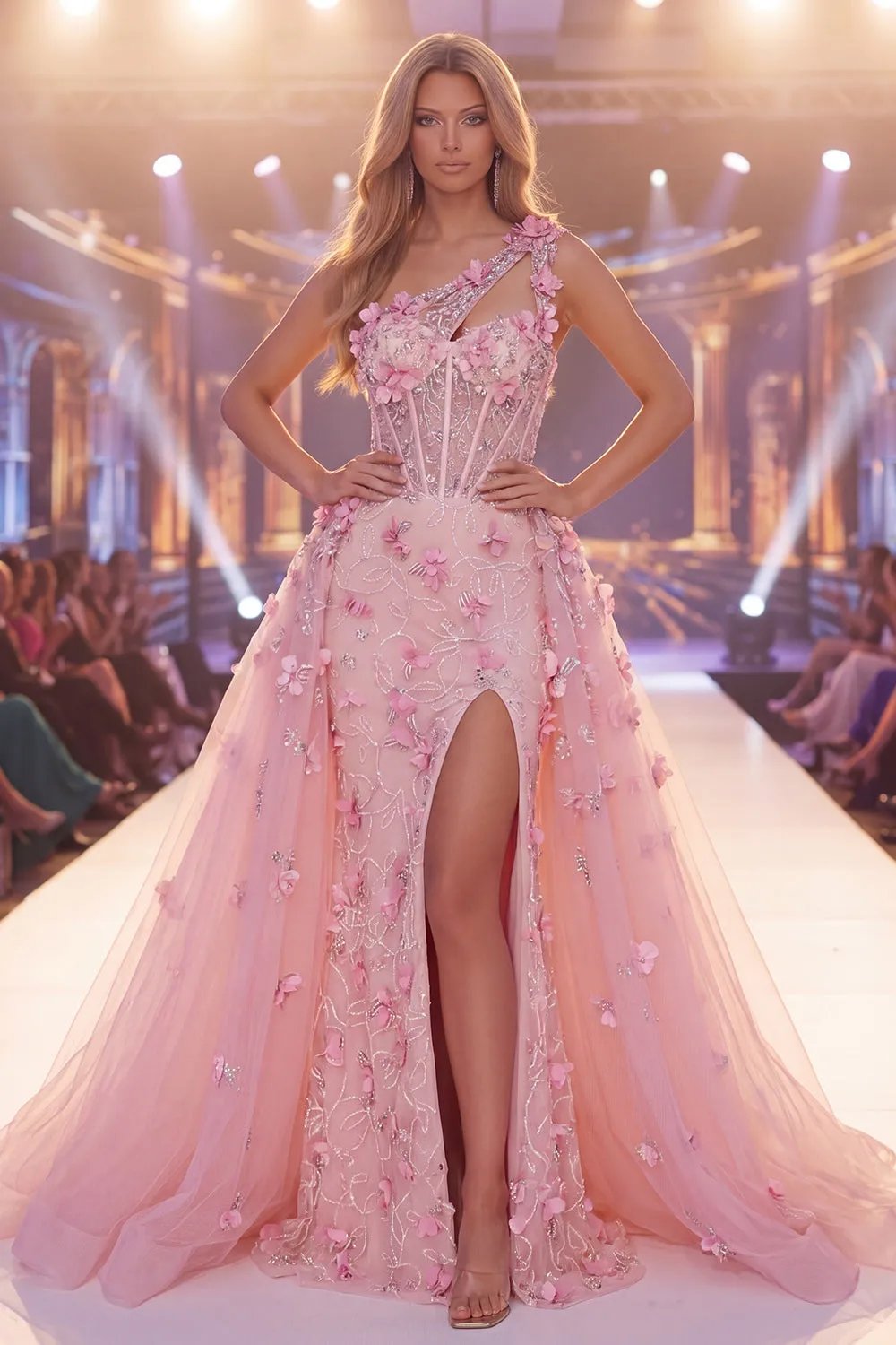 Pink Mermaid One Shoulder Sheer Corset Slit Floral Long Pageant Dress sold by Zapaka