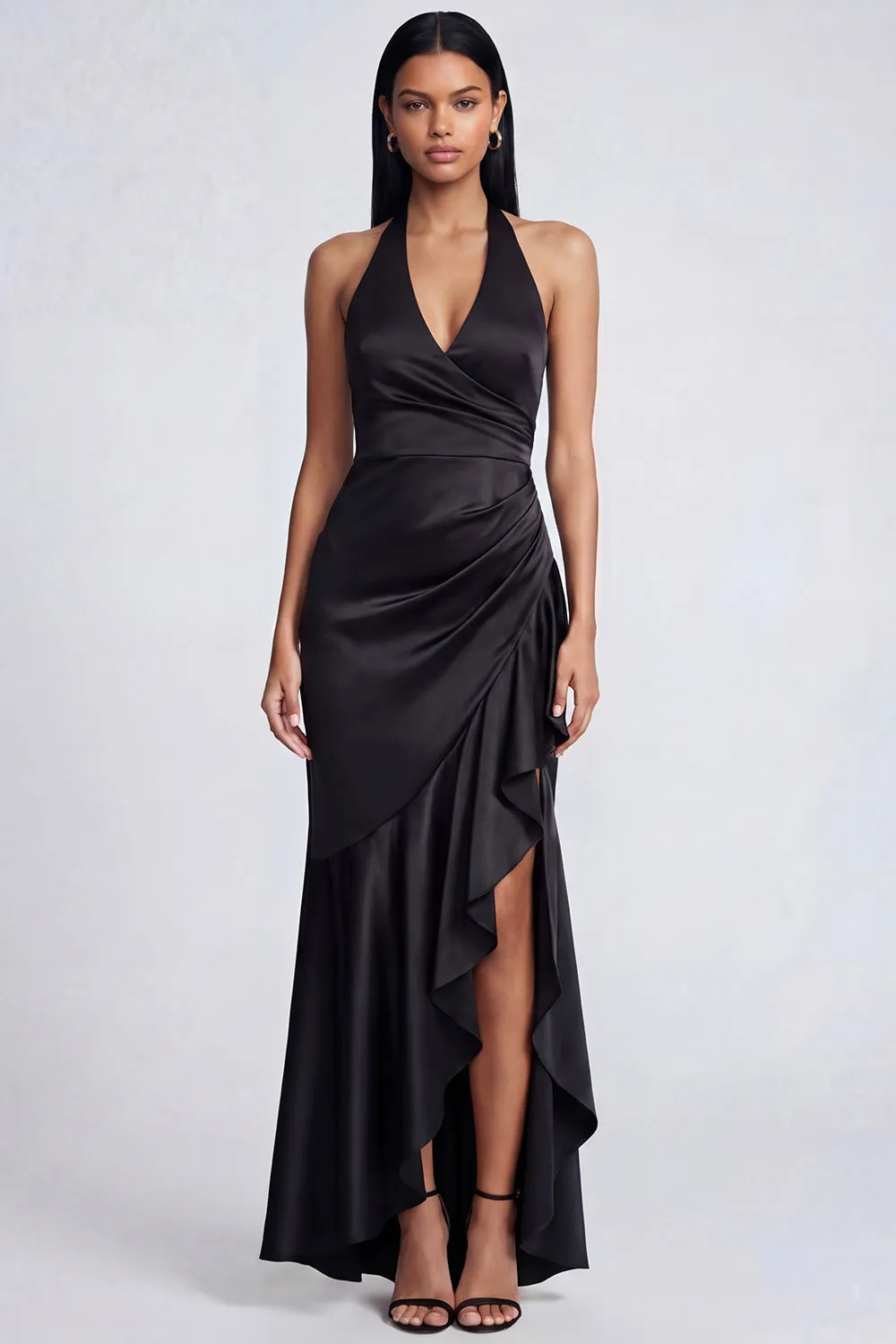 Halter Black Mermaid Satin Ruffled Long Formal Dress sold by Zapaka