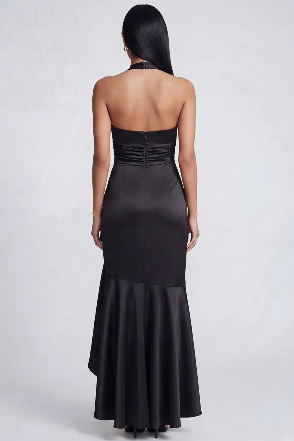 Halter Black Mermaid Satin Ruffled Long Formal Dress sold by Zapaka product image thumbnail 2