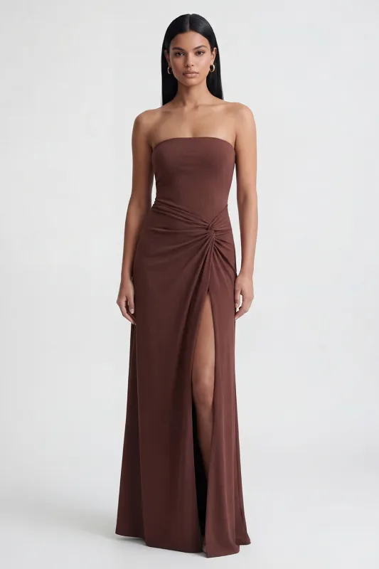 Strapless Brown Ruched Sheath Long Formal Dress made by Zapaka