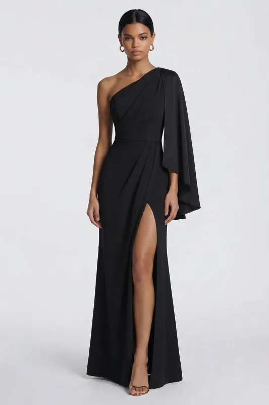 Black Mermaid One Shoulder Formal Dress with Side Cape made by Zapaka