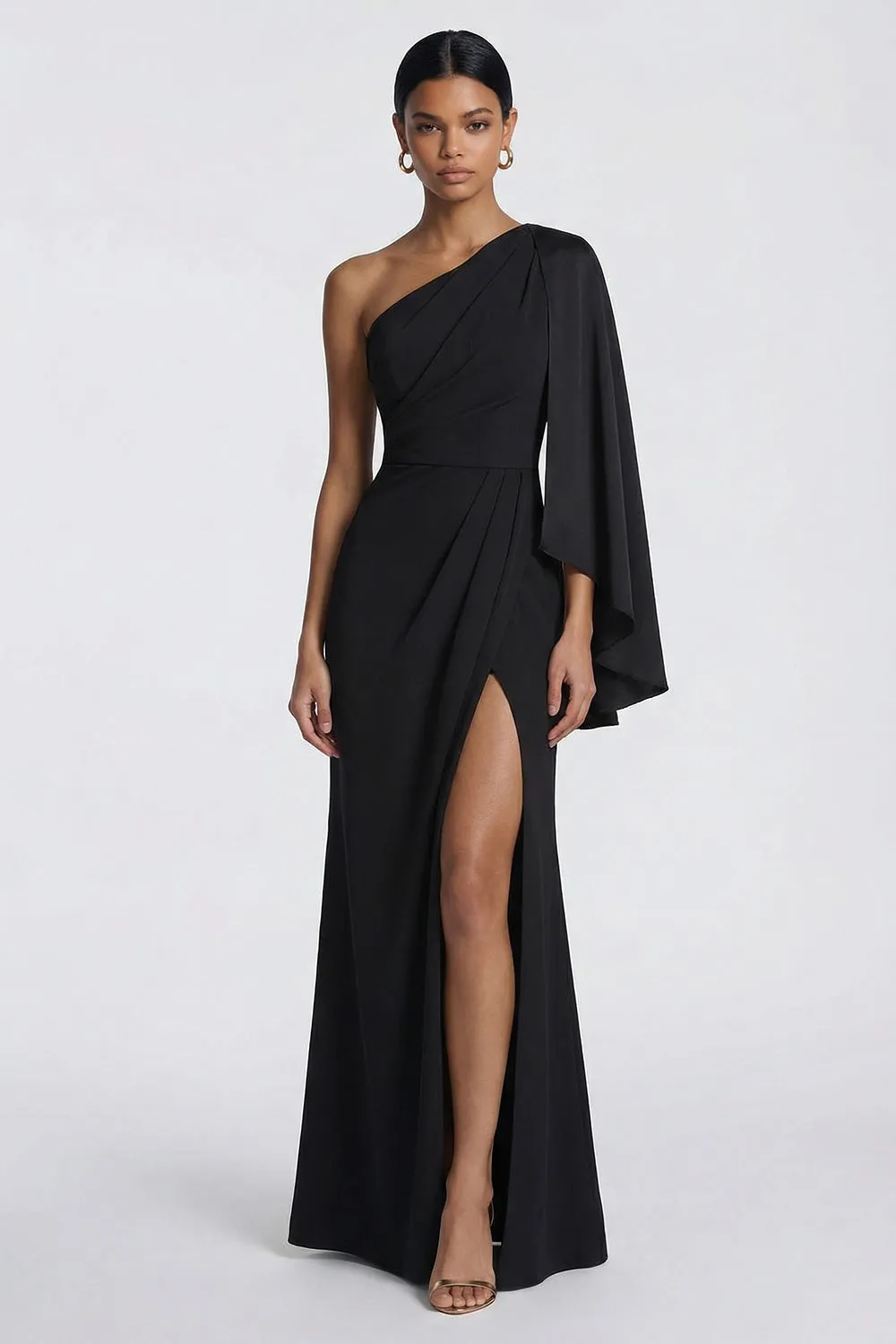 Black Mermaid One Shoulder Formal Dress with Side Cape sold by Zapaka