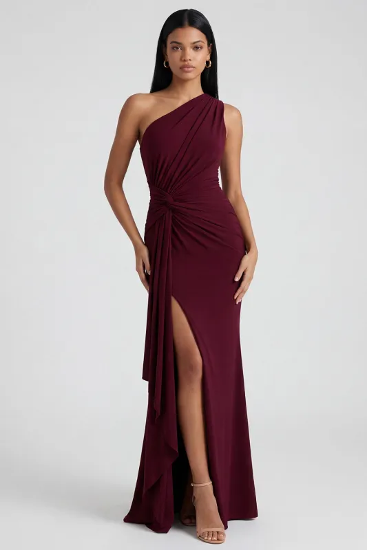 Burgundy Mermaid One Shoulder Ruched Formal Dress made by Zapaka