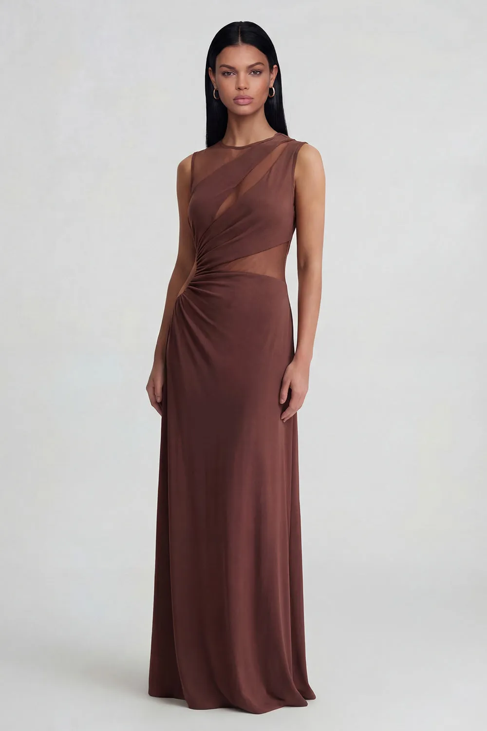 Brown Round Neck Illusion Cut Out Sheath Formal Dress sold by Zapaka