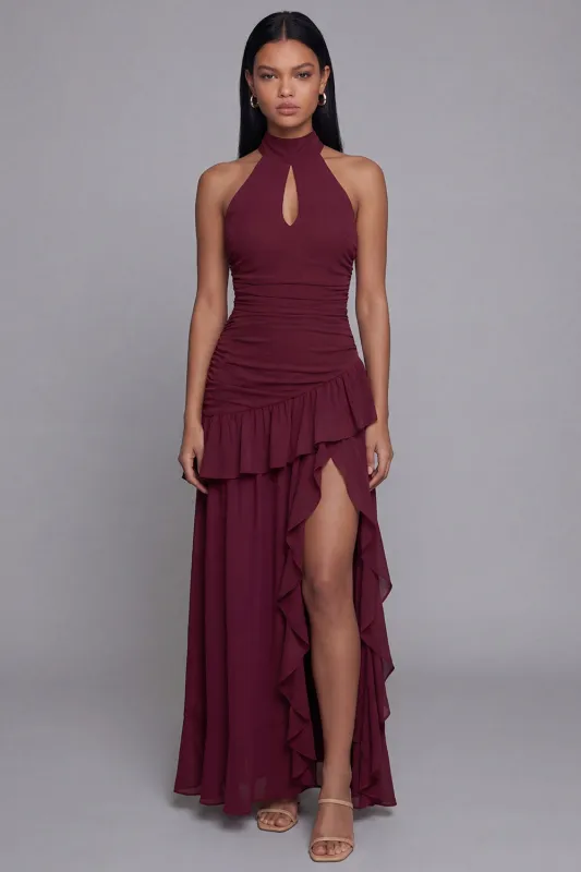 Halter Burgundy Cut Out Ruffled Formal Dress with Slit made by Zapaka