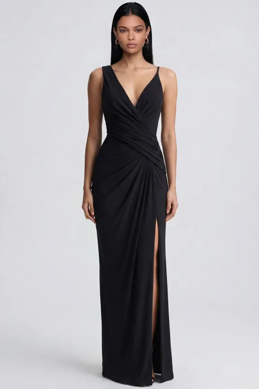 Black V Neck Sheath Formal Dress with Slit made by Zapaka
