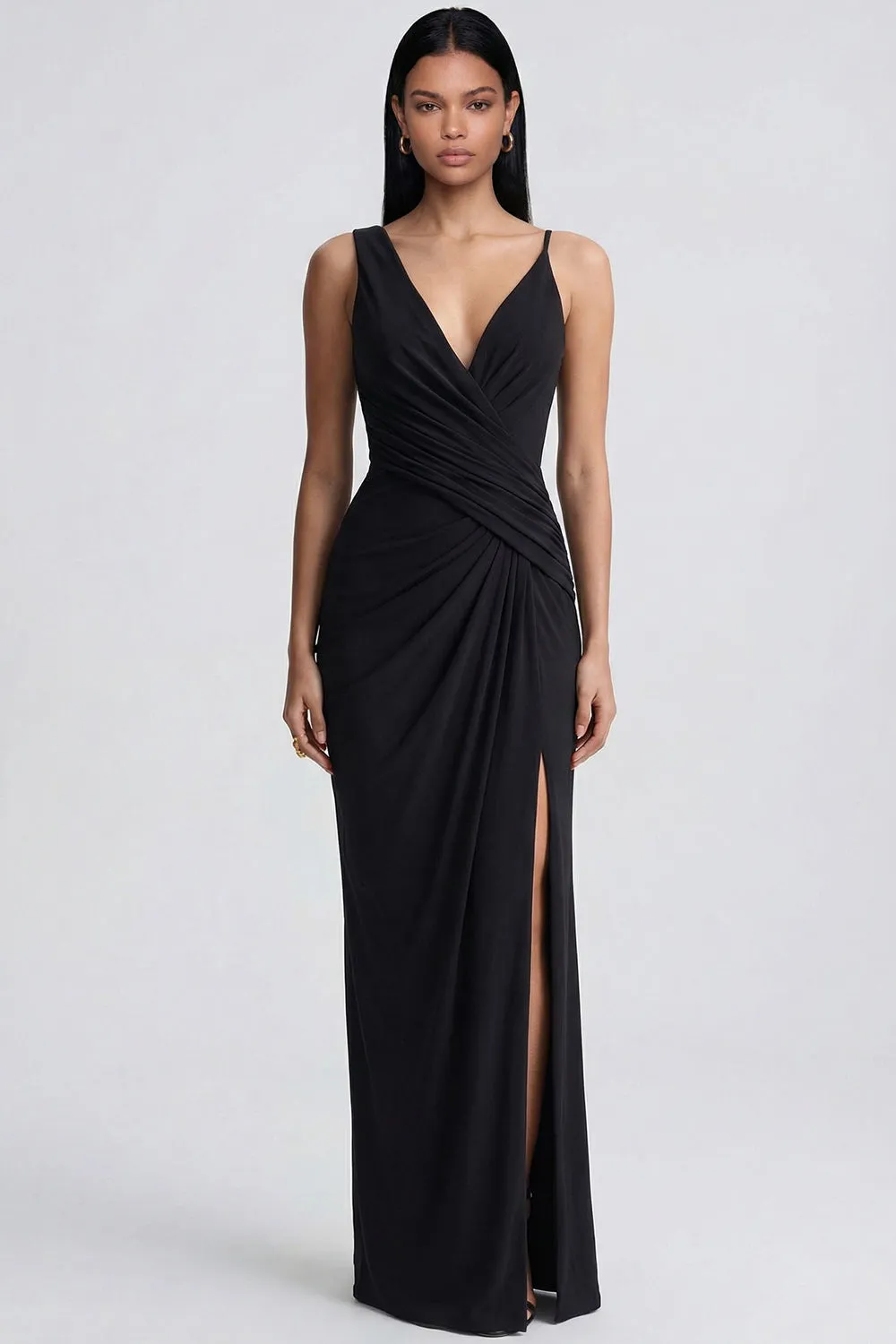 Black V Neck Sheath Formal Dress with Slit sold by Zapaka