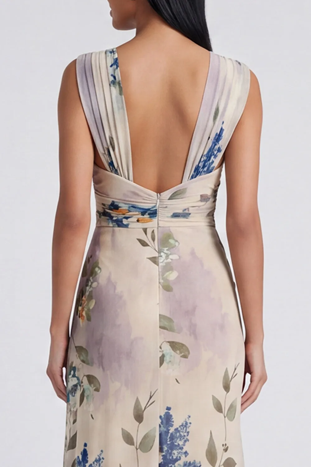 Ivory Sheath Ruched Long Floral Dress with Slit sold by Zapaka product image thumbnail 4