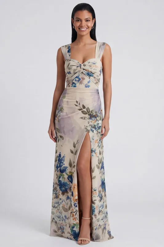 Ivory Sheath Ruched Long Floral Dress with Slit made by Zapaka