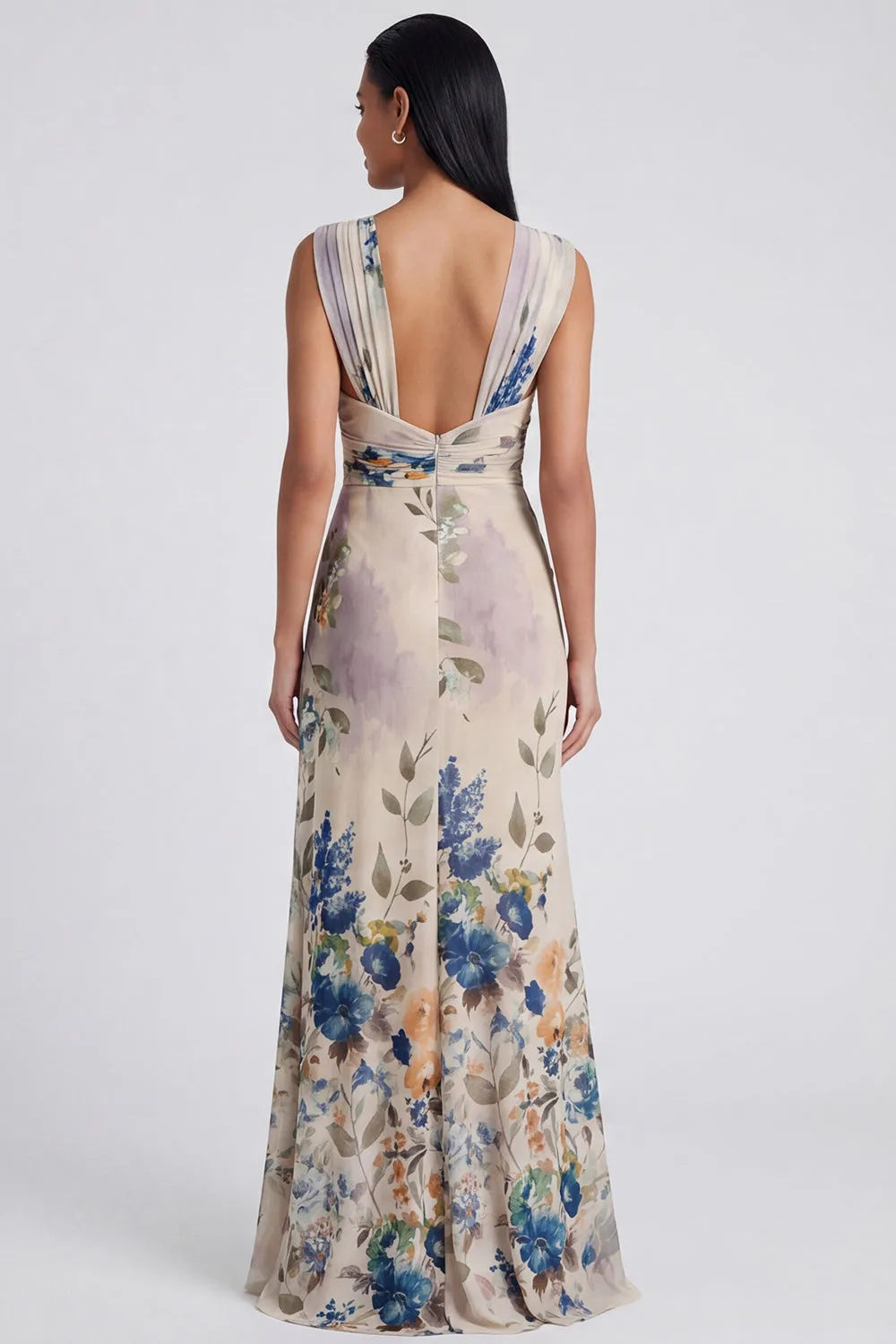 Ivory Sheath Ruched Long Floral Dress with Slit sold by Zapaka product image thumbnail 2