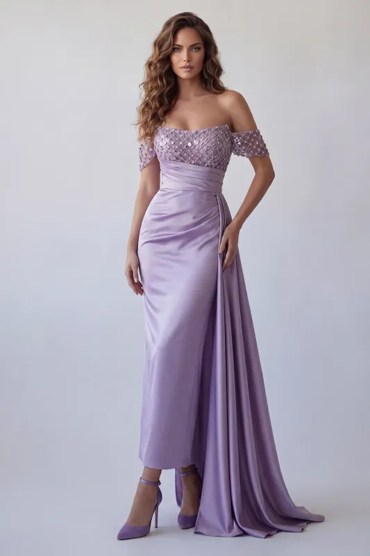 Sparkly Light Purple Off The Shoulder Sheath Formal Dress with Streamer made by Zapaka