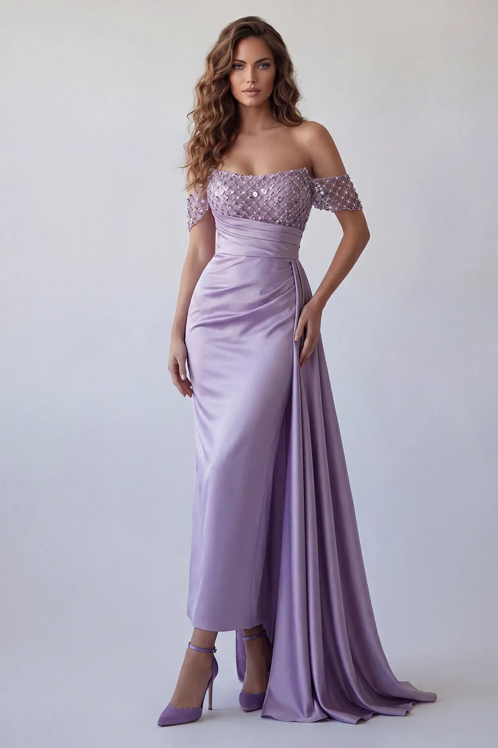 Sparkly Light Purple Off The Shoulder Sheath Formal Dress with Streamer sold by Zapaka