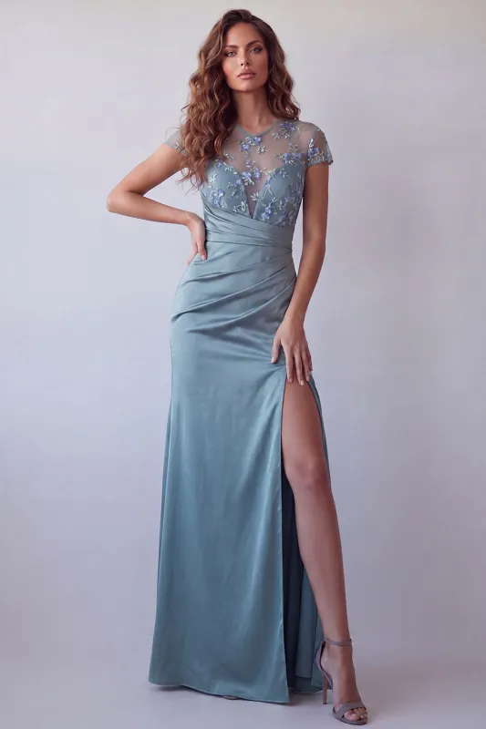 Grey Blue Sheer Floral Short Sleeve Sheath Formal Dress made by Zapaka