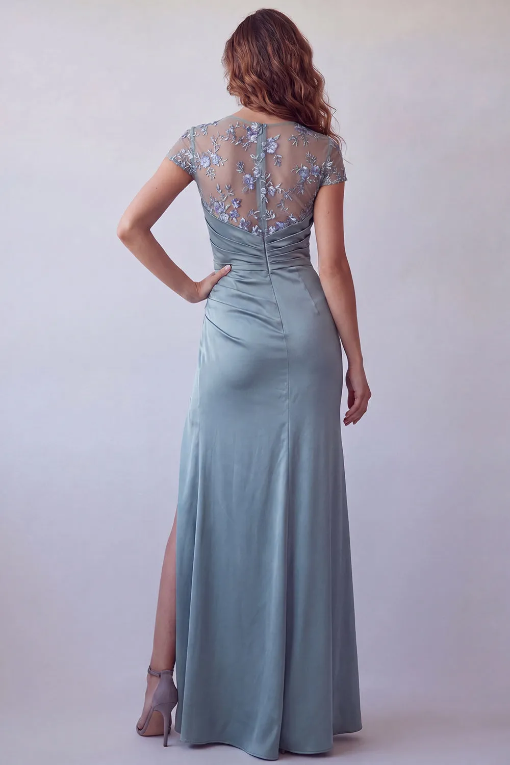 Grey Blue Sheer Floral Short Sleeve Sheath Formal Dress sold by Zapaka product image thumbnail 2