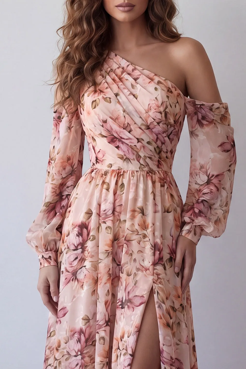 One Shoulder Pink A Line Long Sleeve Floral Dress with Slit sold by Zapaka product image thumbnail 3