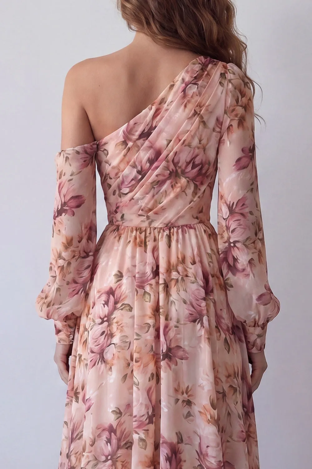 One Shoulder Pink A Line Long Sleeve Floral Dress with Slit sold by Zapaka product image thumbnail 4
