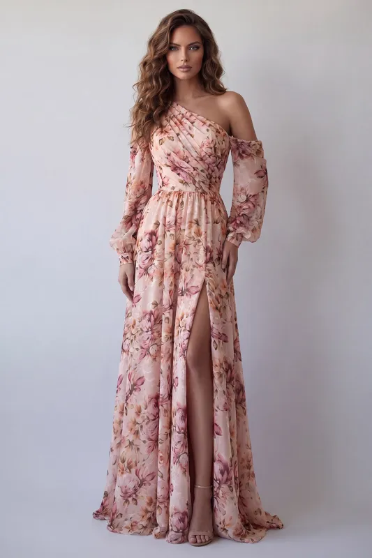 One Shoulder Pink A Line Long Sleeve Floral Dress with Slit made by Zapaka