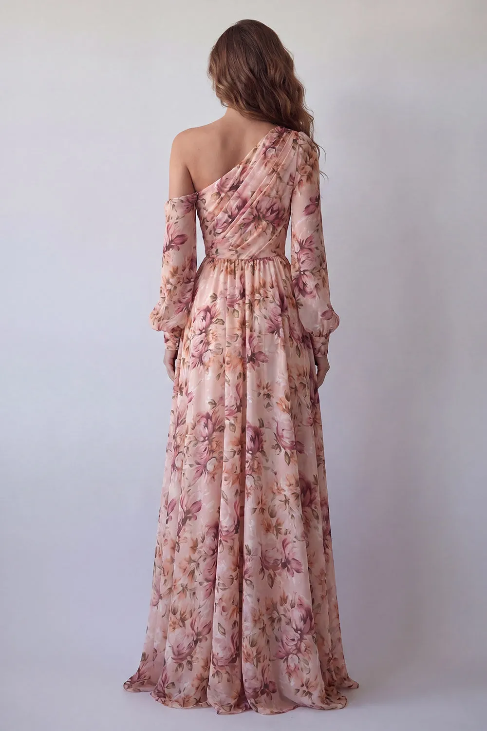 One Shoulder Pink A Line Long Sleeve Floral Dress with Slit sold by Zapaka product image thumbnail 2