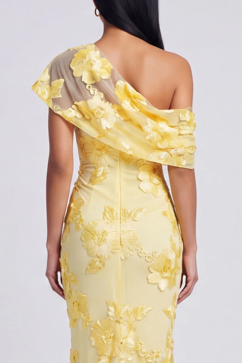 Yellow Mermaid Asymmetrical Neck Formal Dress with Floral Embroidery sold by Zapaka product image thumbnail 4