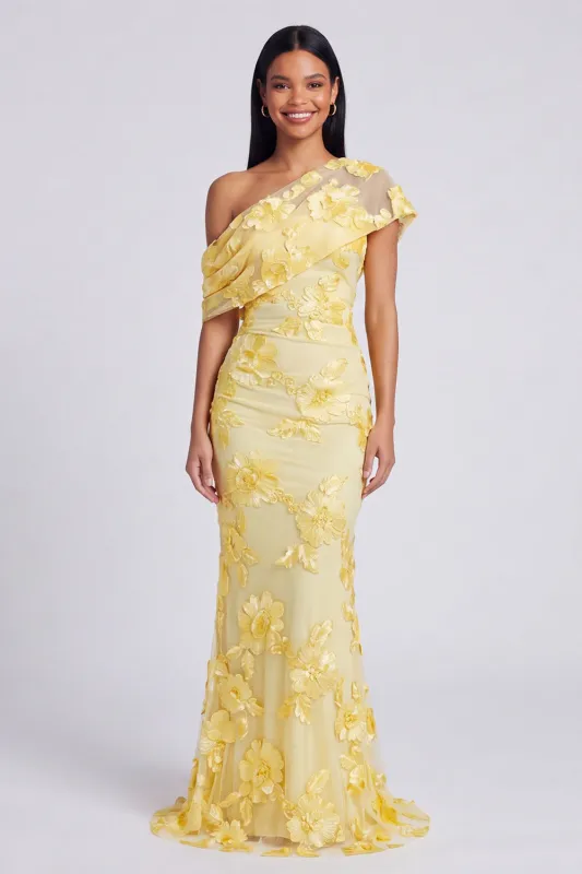 Yellow Mermaid Asymmetrical Neck Formal Dress with Floral Embroidery made by Zapaka