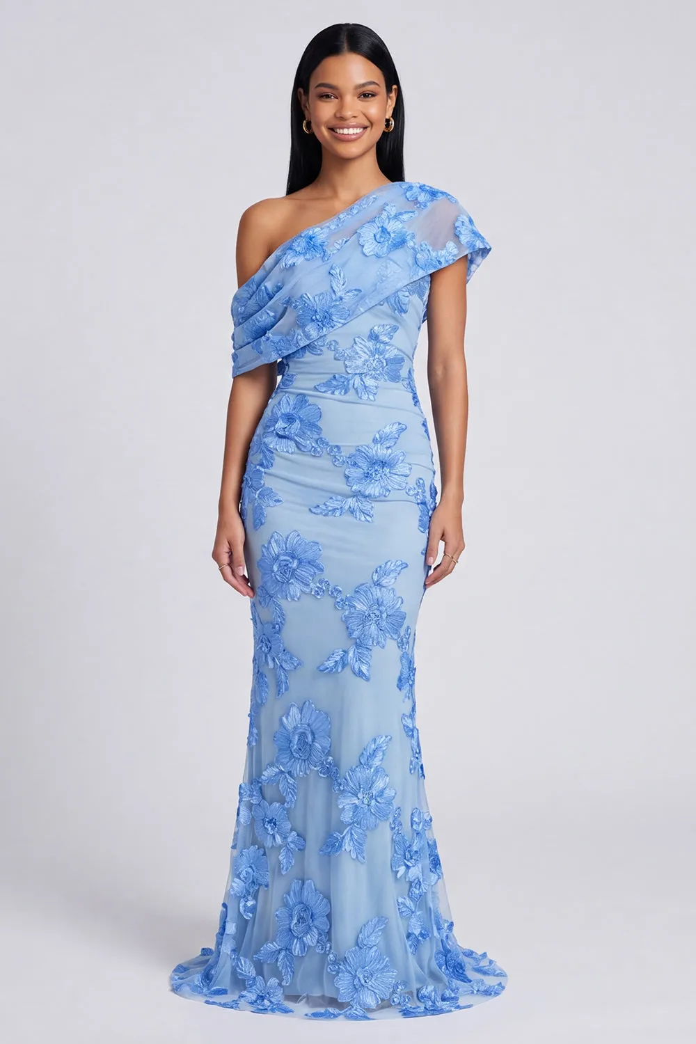 Yellow Mermaid Asymmetrical Neck Formal Dress with Floral Embroidery sold by Zapaka product image thumbnail 5