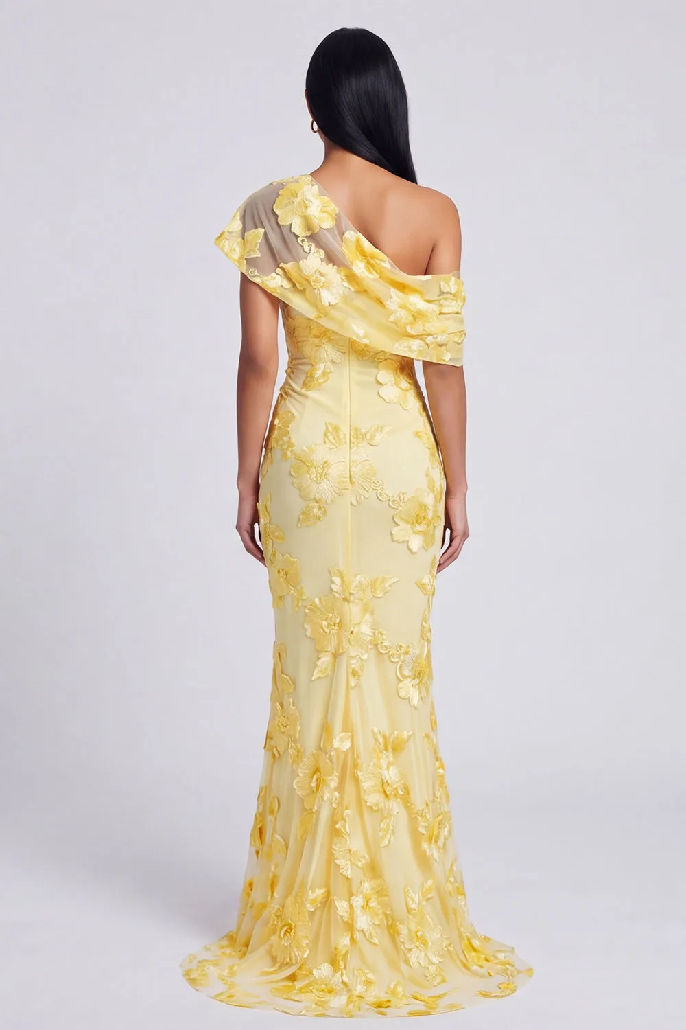 Yellow Mermaid Asymmetrical Neck Formal Dress with Floral Embroidery sold by Zapaka product image thumbnail 2