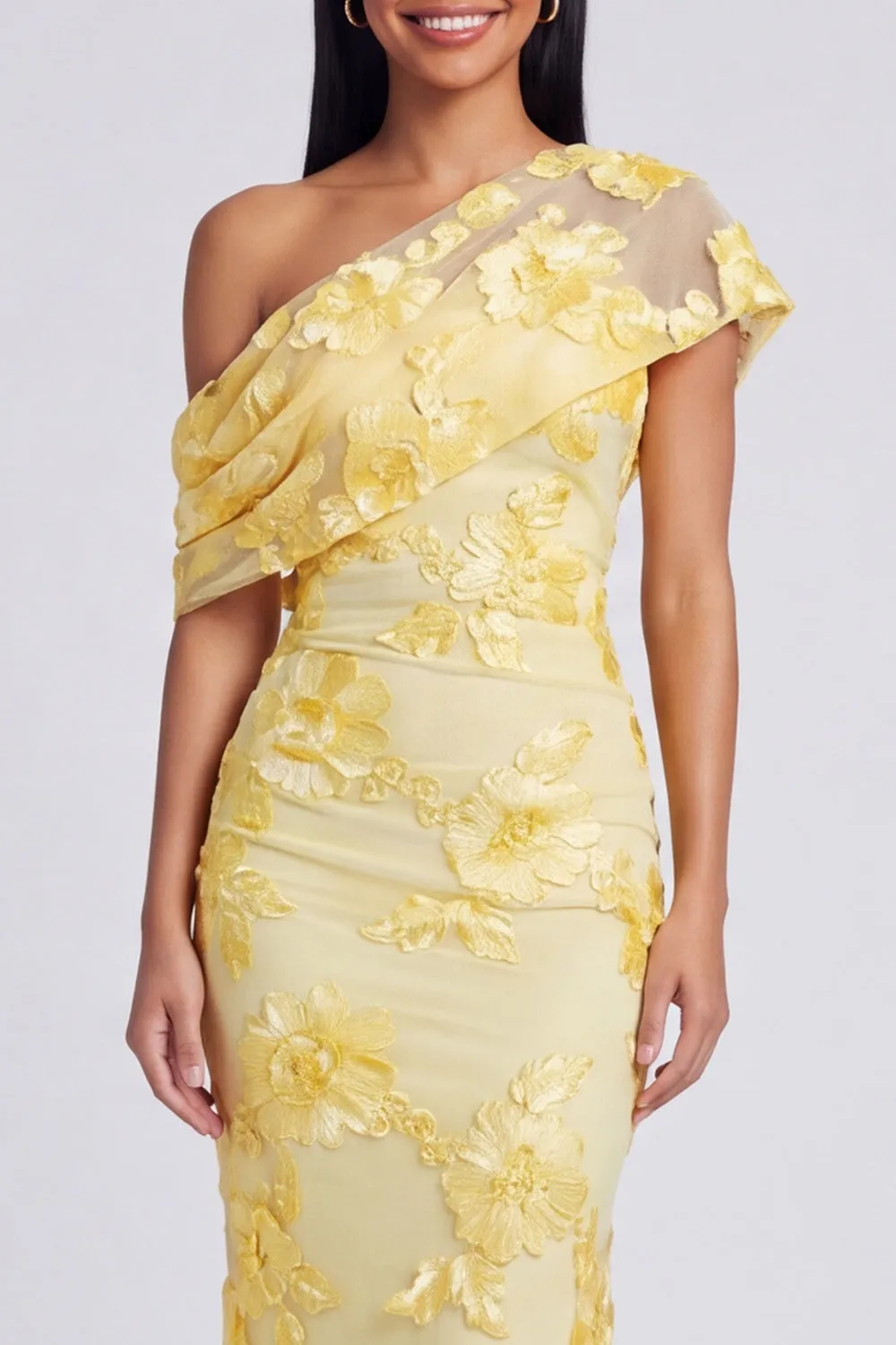Yellow Mermaid Asymmetrical Neck Formal Dress with Floral Embroidery sold by Zapaka product image thumbnail 3