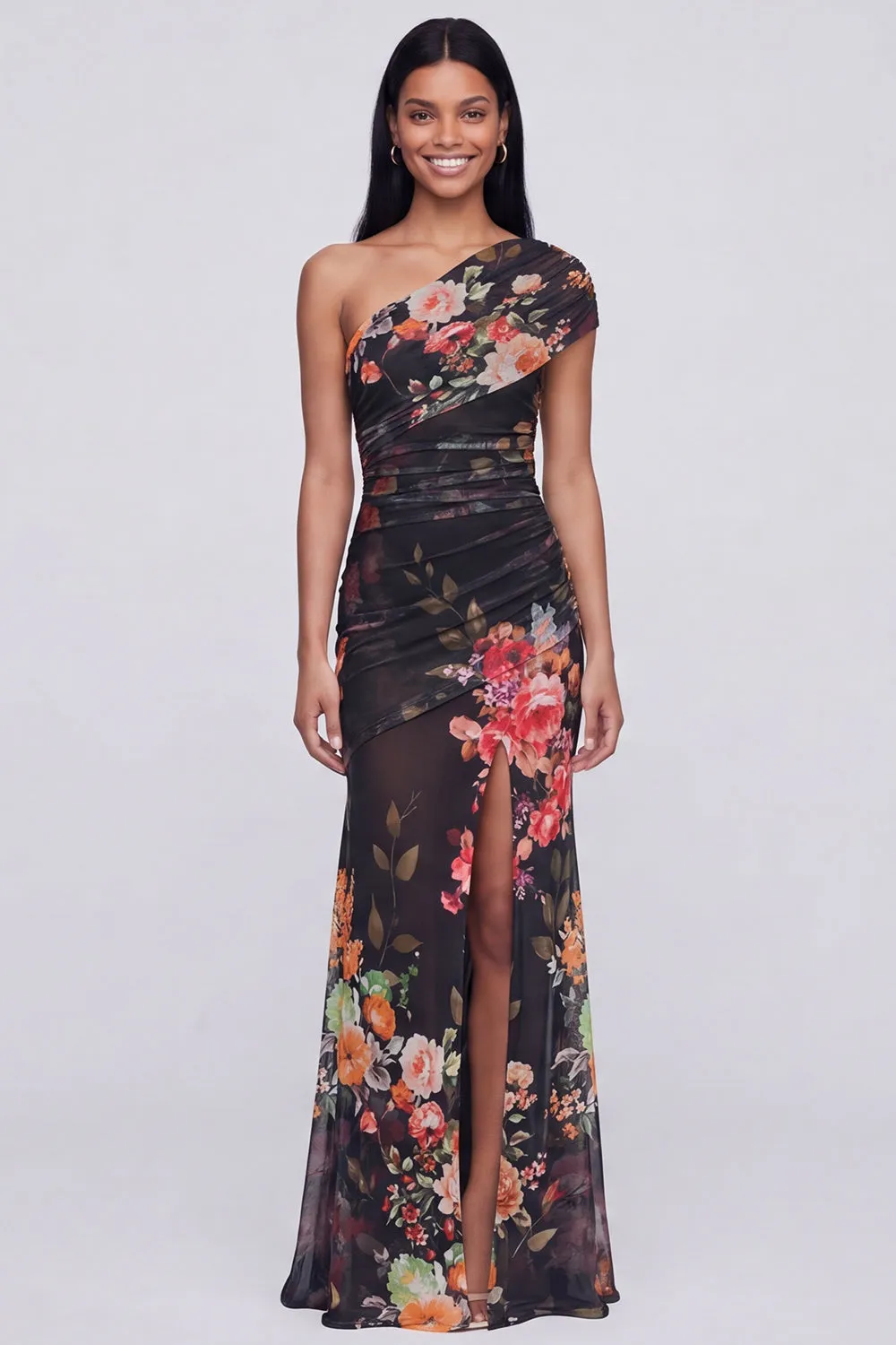 One Shoulder Champagne Long Floral Dress with Slit sold by Zapaka product image thumbnail 5