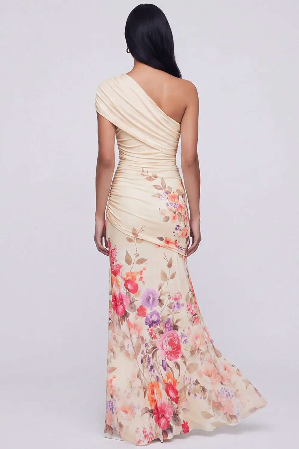 One Shoulder Champagne Long Floral Dress with Slit sold by Zapaka product image thumbnail 2