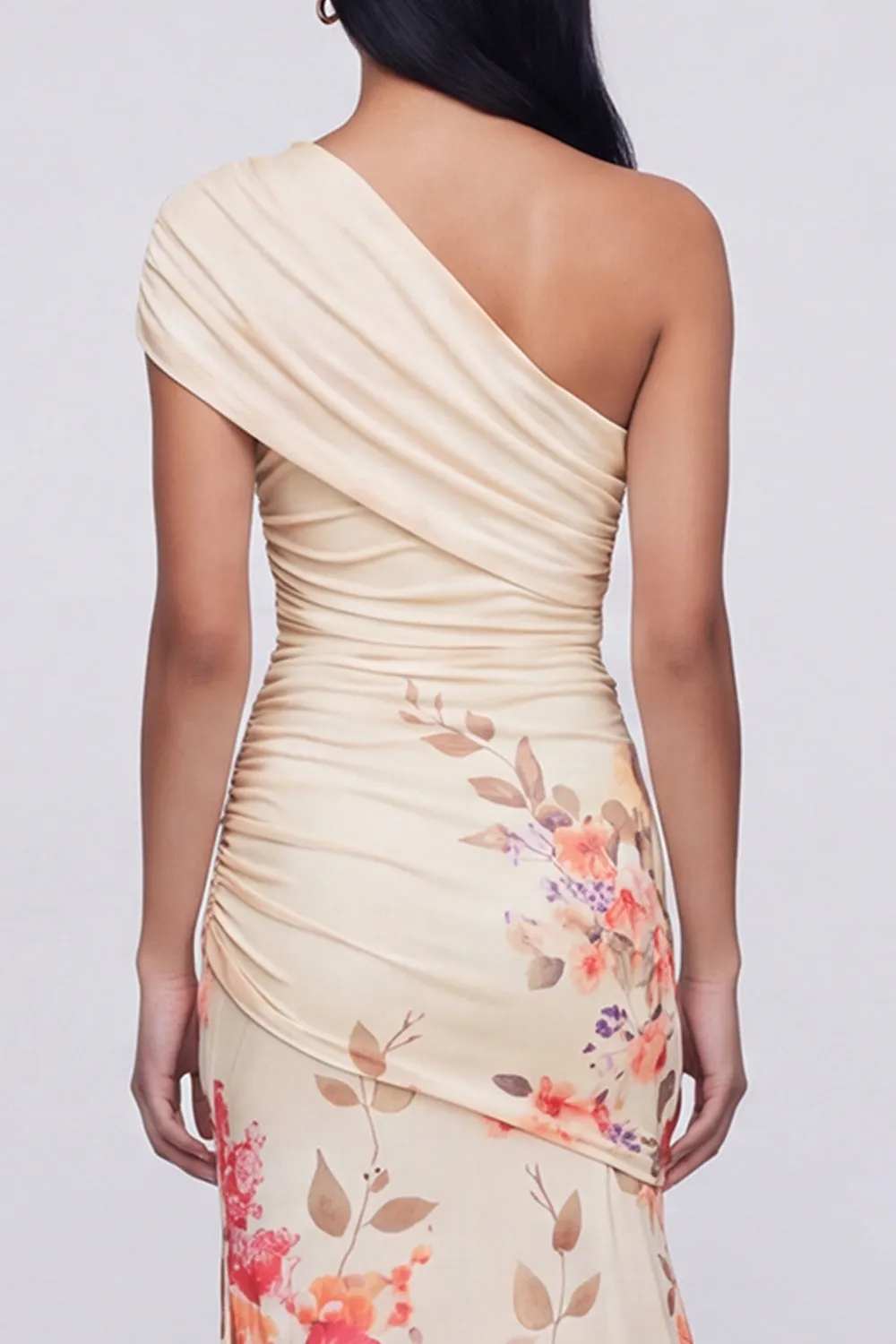 One Shoulder Champagne Long Floral Dress with Slit sold by Zapaka product image thumbnail 4