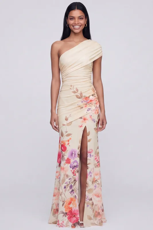 One Shoulder Champagne Long Floral Dress with Slit made by Zapaka