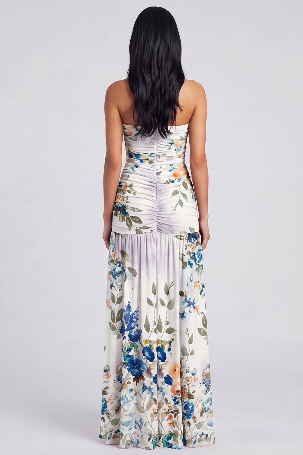 Ivory Strapless Ruched Floral Dress with Slit sold by Zapaka product image thumbnail 2