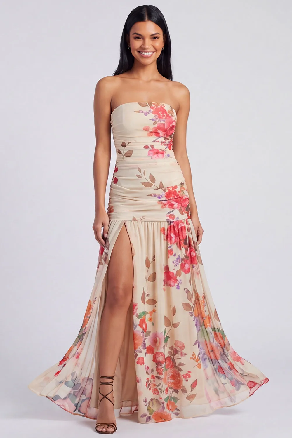 Ivory Strapless Ruched Floral Dress with Slit sold by Zapaka product image thumbnail 5