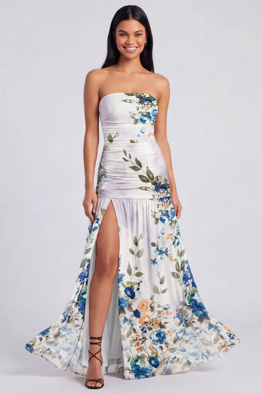 Ivory Strapless Ruched Floral Dress with Slit made by Zapaka