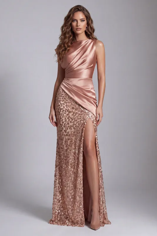 Sparkly Champagne Satin Mermaid Formal Dress with Slit made by Zapaka