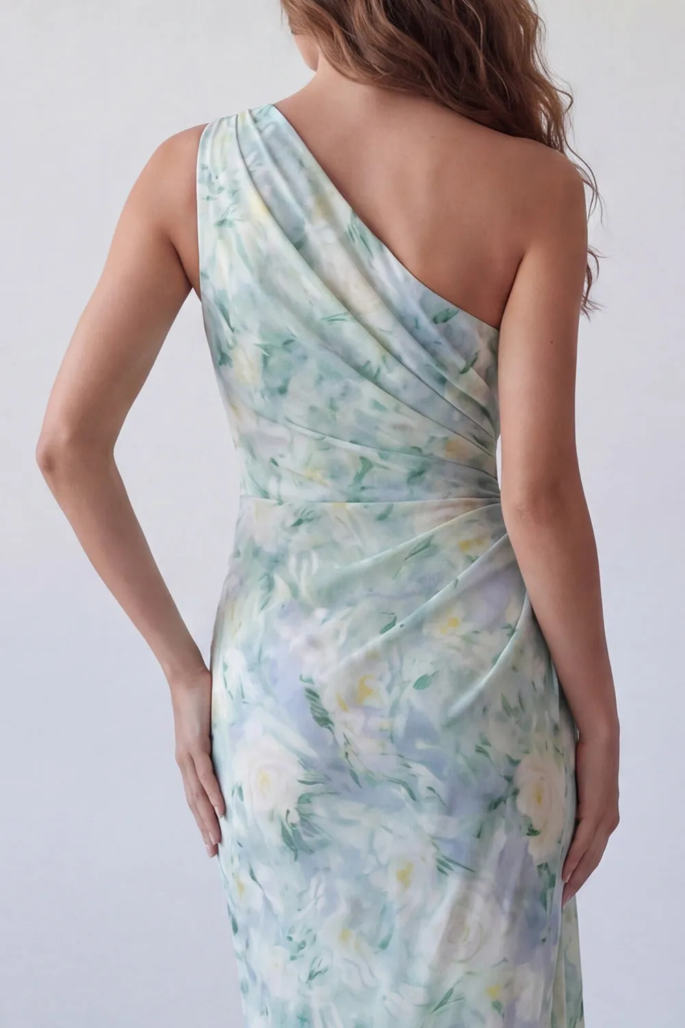 One Shoulder Light Green Floral Ruched Mermaid Formal Dress sold by Zapaka product image thumbnail 4