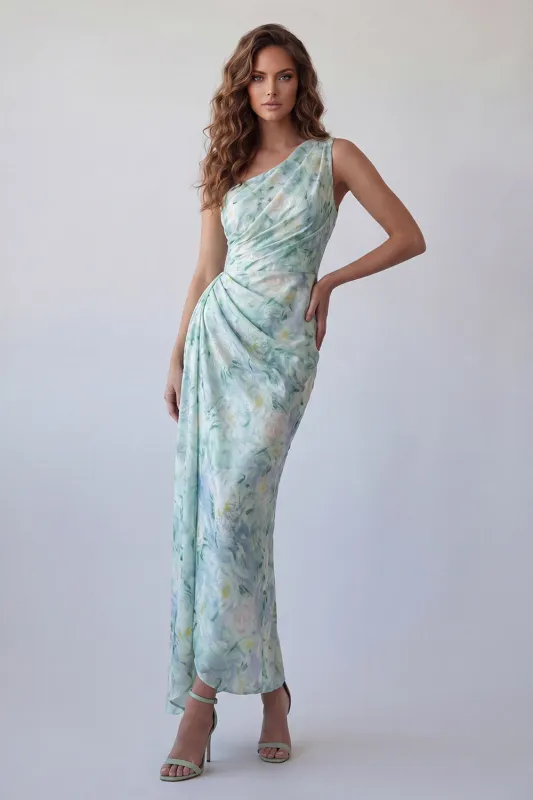 One Shoulder Light Green Floral Ruched Mermaid Formal Dress made by Zapaka