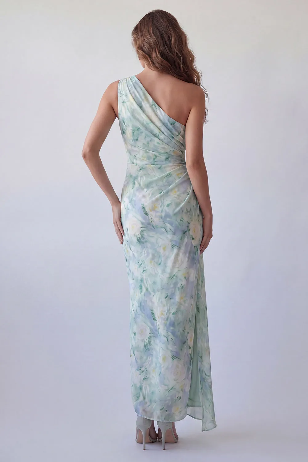 One Shoulder Light Green Floral Ruched Mermaid Formal Dress sold by Zapaka product image thumbnail 2