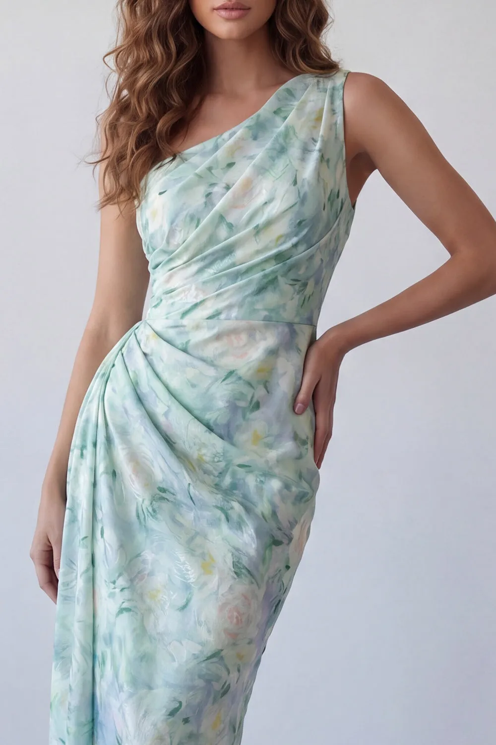 One Shoulder Light Green Floral Ruched Mermaid Formal Dress sold by Zapaka product image thumbnail 3