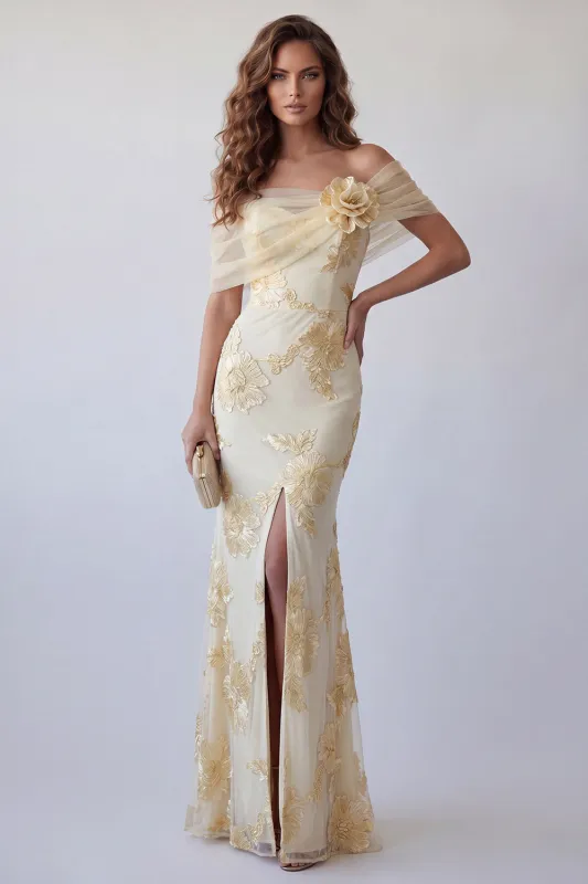 Off The Shoulder Light Yellow Embroidered Mermaid Formal Dress made by Zapaka