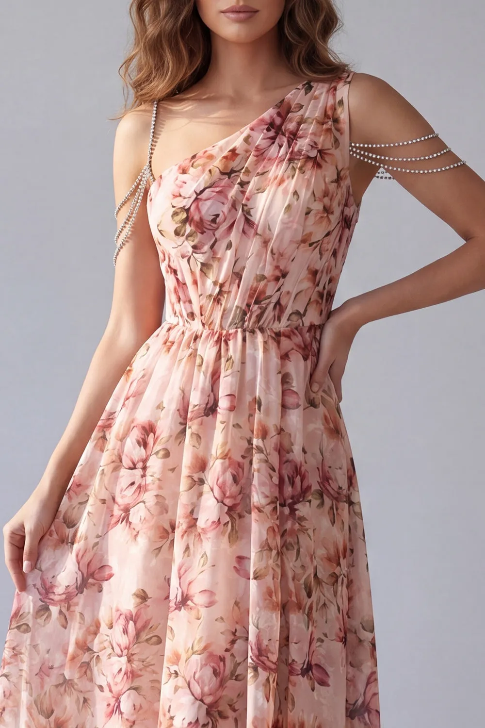 One Shoulder Pink Floral A Line Formal Dress sold by Zapaka product image thumbnail 3