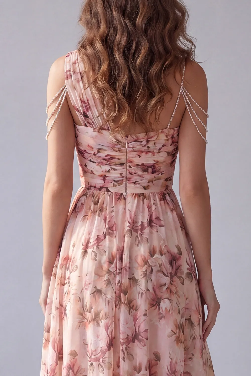 One Shoulder Pink Floral A Line Formal Dress sold by Zapaka product image thumbnail 4