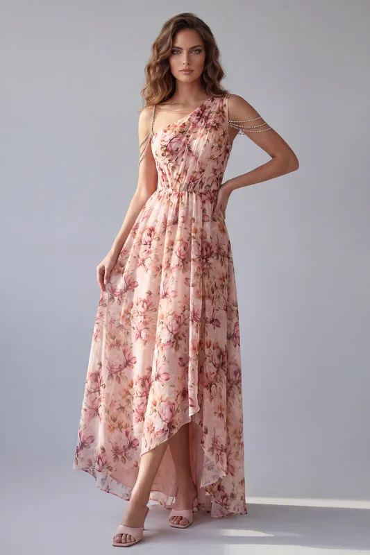 One Shoulder Pink Floral A Line Formal Dress made by Zapaka