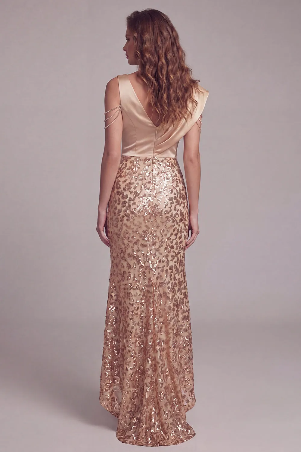Champagne V-Neck Sequin Ruched Sheath Formal Dress sold by Zapaka product image thumbnail 2
