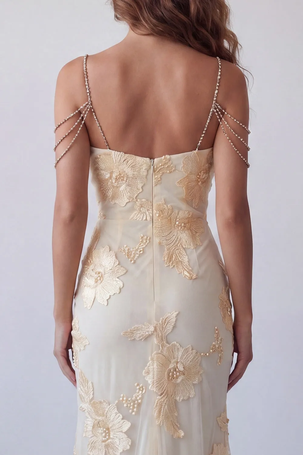 Light Yellow Floral Mermaid Formal Dress with Rhinestone Chain Straps sold by Zapaka product image thumbnail 4
