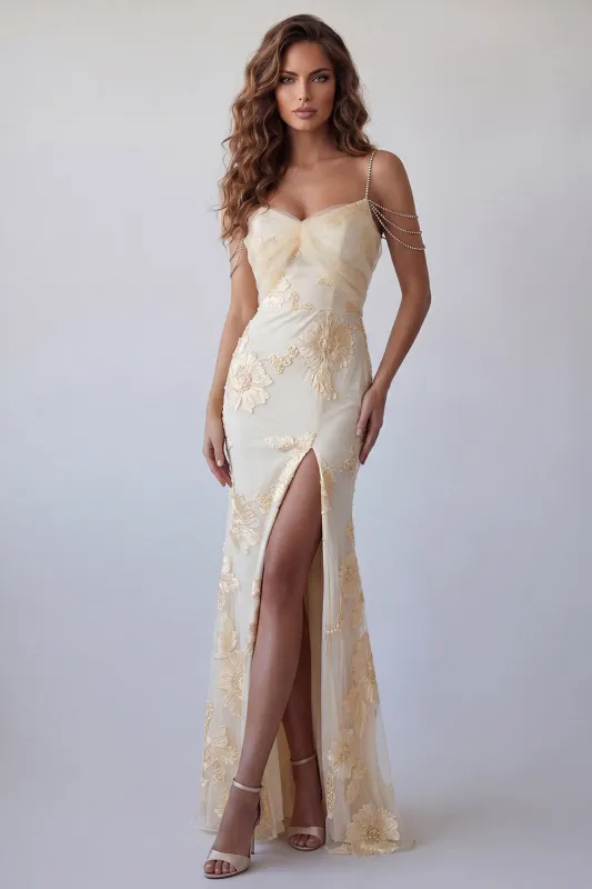 Light Yellow Floral Mermaid Formal Dress with Rhinestone Chain Straps made by Zapaka