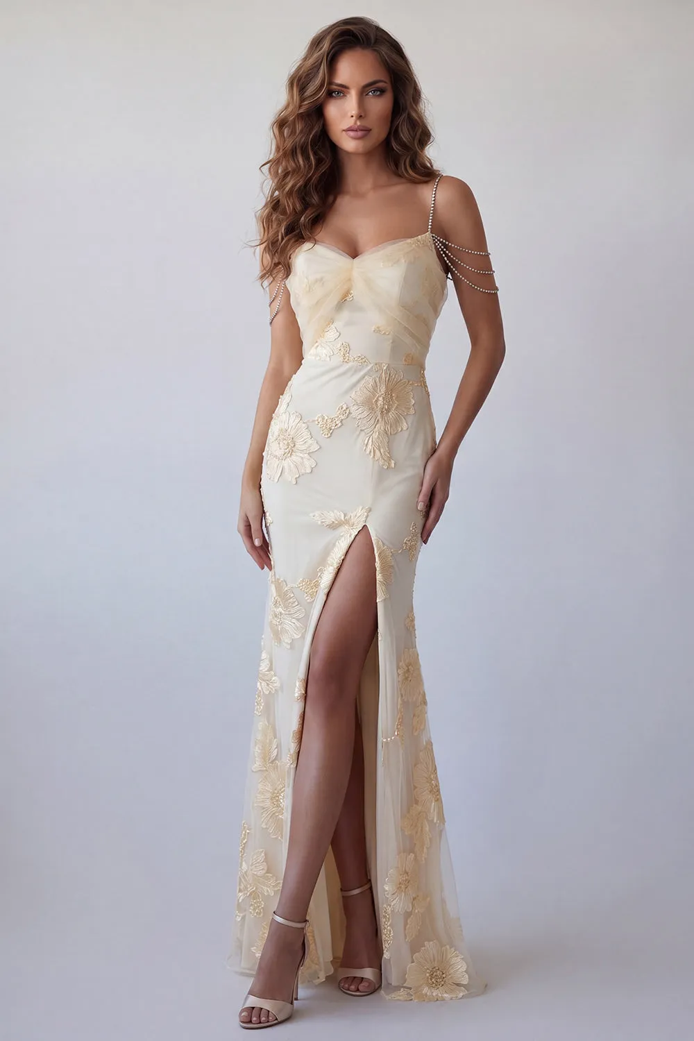 Light Yellow Floral Mermaid Formal Dress with Rhinestone Chain Straps sold by Zapaka