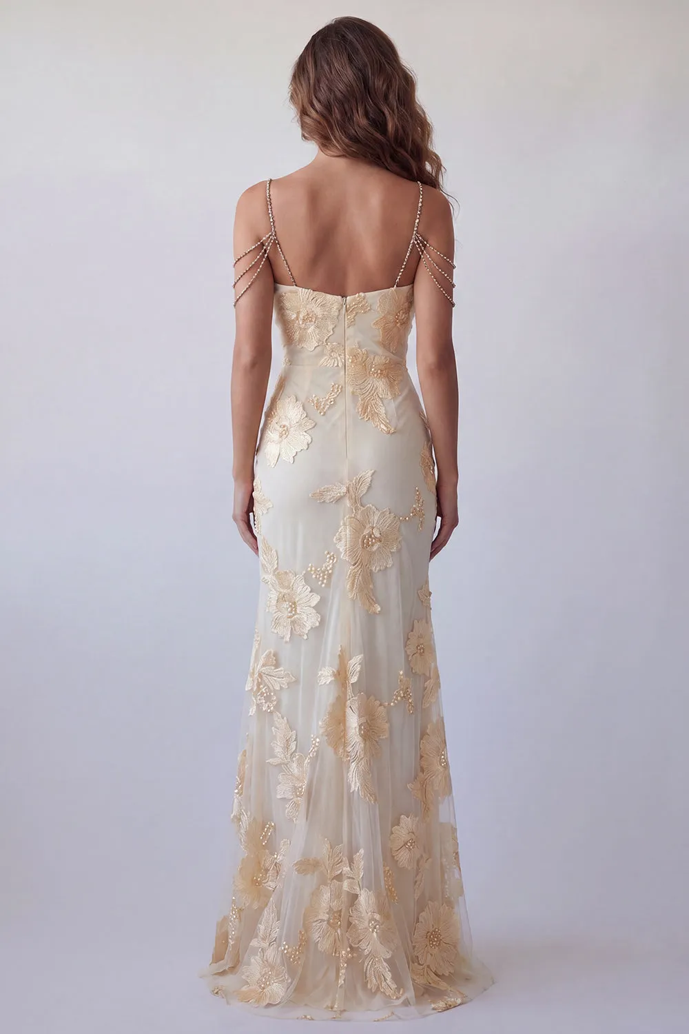 Light Yellow Floral Mermaid Formal Dress with Rhinestone Chain Straps sold by Zapaka product image thumbnail 2