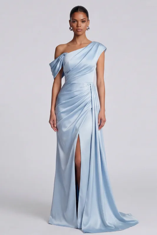 Sky Blue Ruched Mermaid Formal Dress with Slit made by Zapaka
